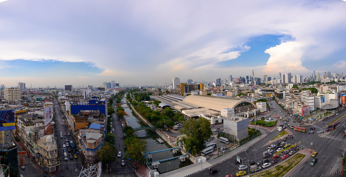 BANGKOK, THAILAND - MAY 12, 2018 :  Bangkok City Panorama View at beautiful landmark of Bangkok railway station., known as Hua Lamphong station is the main railway station in Bangkok, Thailand.
