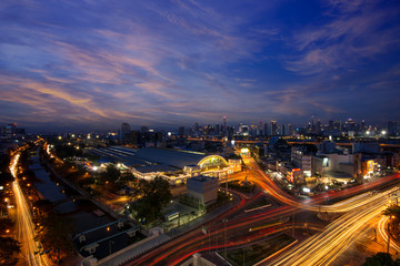 Fototapeta na wymiar BANGKOK, THAILAND - MAY 12, 2018 : Twilight Sky at beautiful landmark of Bangkok, Bangkok railway station., known as Hua Lamphong station is the main railway station in Bangkok, Thailand.