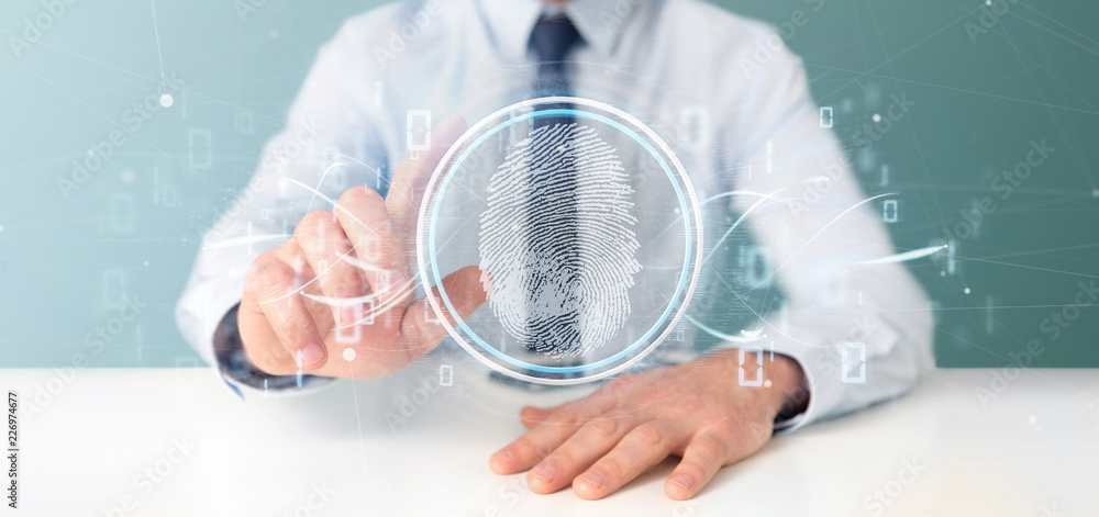 Poster businessman holding a digital fingerprint identification and binary code 3d rendering