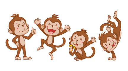 Set of cute cartoon monkeys in different poses. © Lek_Suwarin