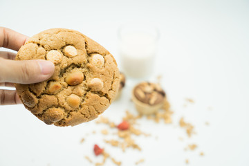 Home made oragnic  cookies with nut in hand.  on white background