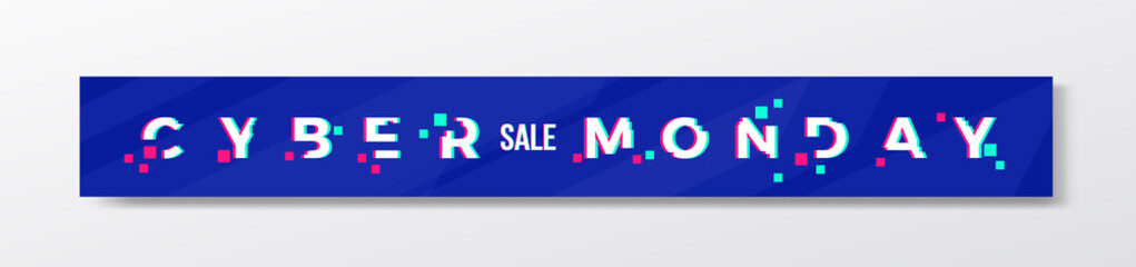 Digital Blue Cyber Monday Stylish Banner or Header. Modern Pixel Typography Concept with Glitch Effect. Realistic Shadows. Web ready proportions.