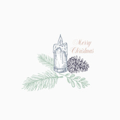 Merry Christmas Greeting Card or Label. Hand Drawn Holiday Illustrations. Christmas Tree Branch with Strobile and Burning Candle with Mistletoe. Pastel Colors Layout.