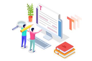 Editable online document. Creative writing and storytelling, copywriting . Online education, distant learningconcept. Isometric Vector illustration.