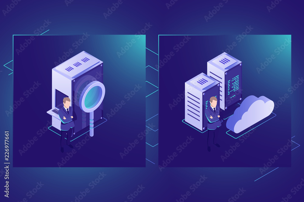 Aufkleber data search and cloud storage icon isometric vector, server room, datacenter and database