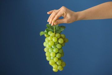 Female hand holding ripe juicy grapes on color background