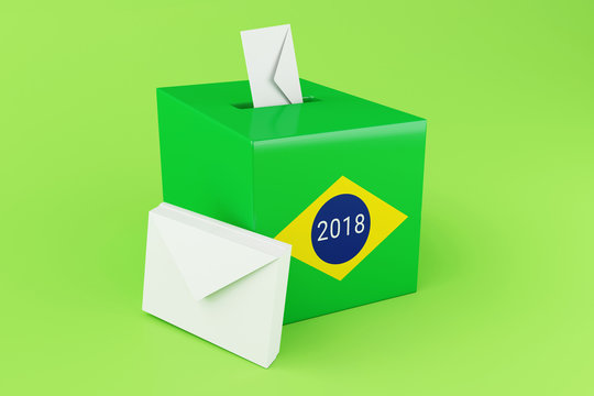 3d Ballot box with flag of Brazil. Elections 2018.