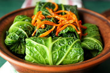 Bowl with stuffed cabbage leaves, closeup