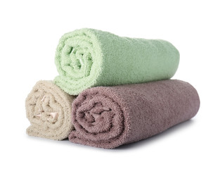 Clean soft towels on white background