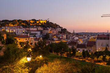 View of Sao Jorge Castle at sunset in Lisbon, Portugal
