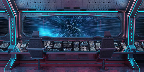 Grunge Spaceship interior with view on planet Earth 3D rendering