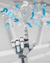 White robot hand using digital question marks 3D rendering
