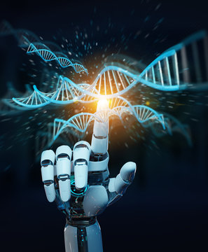 White cyborg hand scanning human DNA 3D rendering