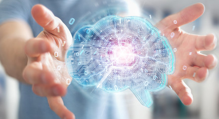 Businessman creating artificial intelligence in a digital brain 3D rendering