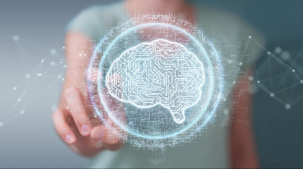 Businesswoman using digital artificial intelligence icon hologram 3D rendering