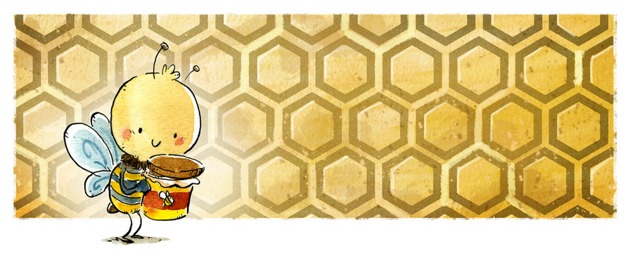 abeja en panal con tarro de miel
