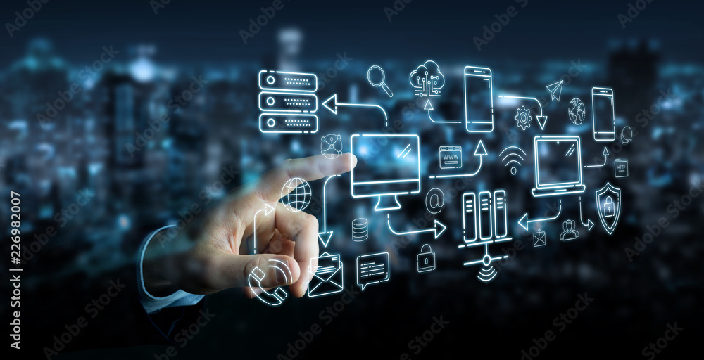 Poster businessman using tech devices and icons thin line interface