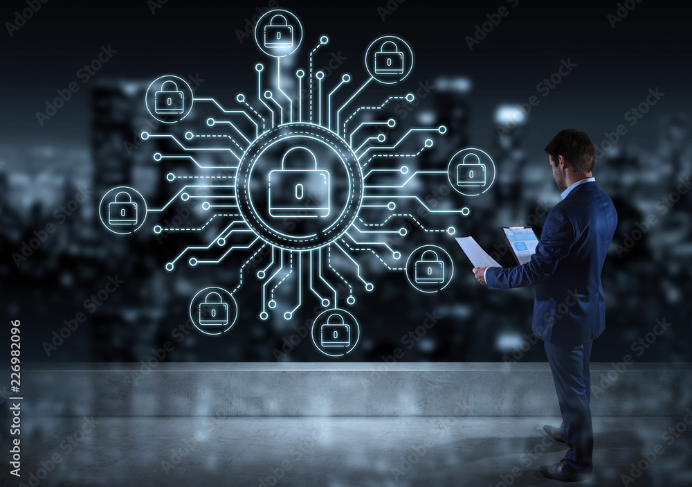 Poster businessman watching thin line web security interface