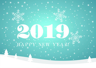 2019 Happy New Year blue gradient  background with white stars, firs and snowflakes for your Seasonal Flyers and Greetings Card or Christmas.