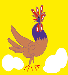 Rooster and eggs.


illustration of screaming rooster and eggs, yellow background.
