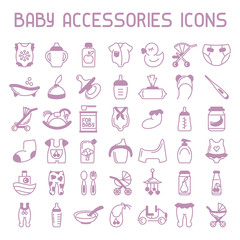 Baby accessories icons set. Linear style vector illustration. Suitable for advertising or web