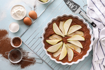 Delicious pear cake on light table