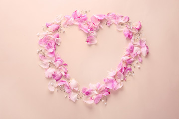 Heart made of flower petals on color background