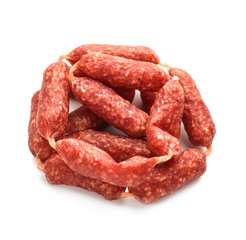 Delicious smoked sausage on white background