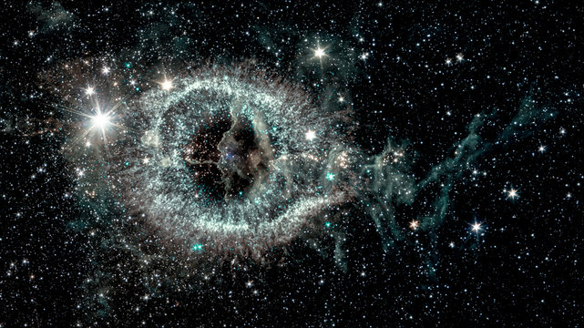 Fototapeta The Helix nebula, a cosmic starlet eerie resemblance to a giant eye on a background of a colorful universe, collage. Elements of this image furnished by NASA.