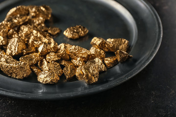 Gold nuggets on metal plate, closeup