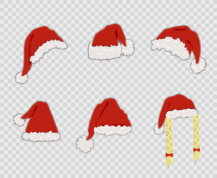 Vector Cartoon Santa Hats Set, Isolated on Transparent Background Decorative Christmas Elements.