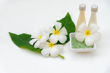Thai spa composition treatments aroma therapy  Plumeria flowers on white wooden.  Healthy Concept.