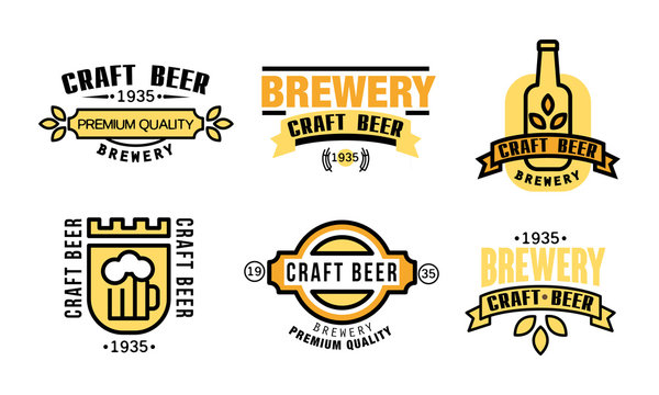 Craft beer premium quality logo set, vintage brewery labels vector Illustration on a white background