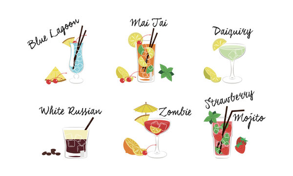 Alcoholic cocktails set, Blue lagoon, Mai Tai, Daiquiri, White Russian, Zombie, Strawberry mojito vector Illustration