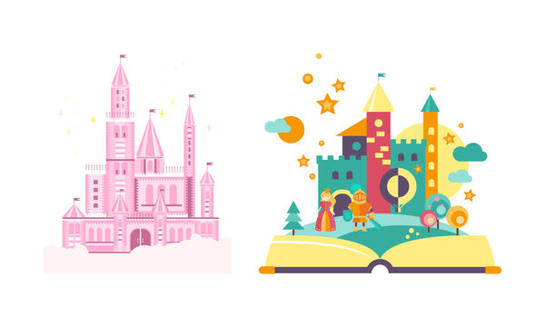 Fairytale castles, open book with fairy tale kingdom vector Illustration on a white background