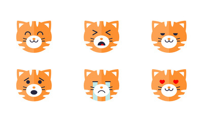 Tiger emoticon emoji set, cute animal face with various emotions vector Illustration on a white background