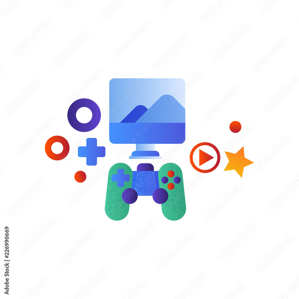 Poster gaming console, computer screen and game controller vector illustration on a white background