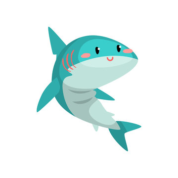 Cute funny blue shark cartoon character vector Illustration on a white background