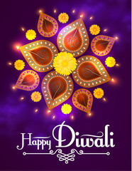 Happy Diwali. Traditional Indian Festival Background with Burning Diya Lamp. Hindu Holiday.