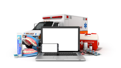 modern concept of online medical care laptop and telephone with white screen and medical items near them 3d render on white