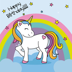 Unicorn card over clouds and rainbows