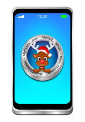 Smartphone with Reindeer wishing Merry Christmas Button - 3D illustration