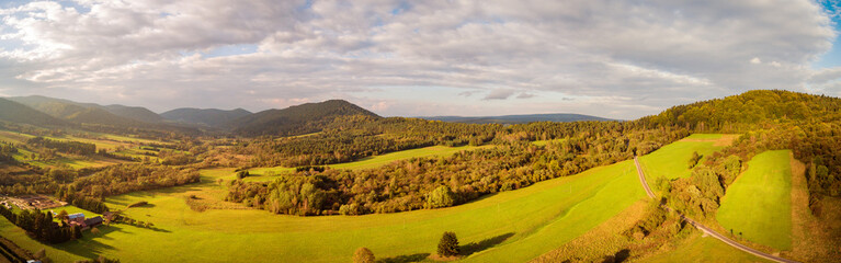 Mountains glade with pines - distant landscape view on summer, sunny day n Beskidy Mountains, Poland.