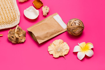 Closeup of spa objects on pink background