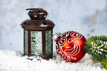 Christmas lantern, fir branch and ball