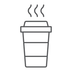 Coffee thin line icon, caffeine and drink, disposable cup sign, vector graphics, a linear pattern on a white background.