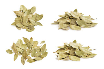 Set of dried bay leaves pile and texture isolated on white