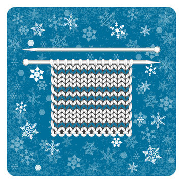 Vintage card. Knitting. Snowflakes background. White elements, blue background, frame