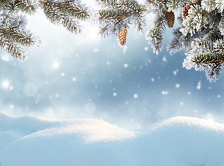 Merry Christmas and happy new year greeting card. Winter landscape with snow .