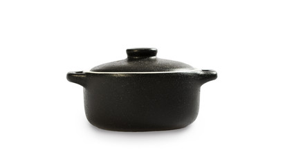 Cooking pot isolated on white. Black colour outside and white inside.